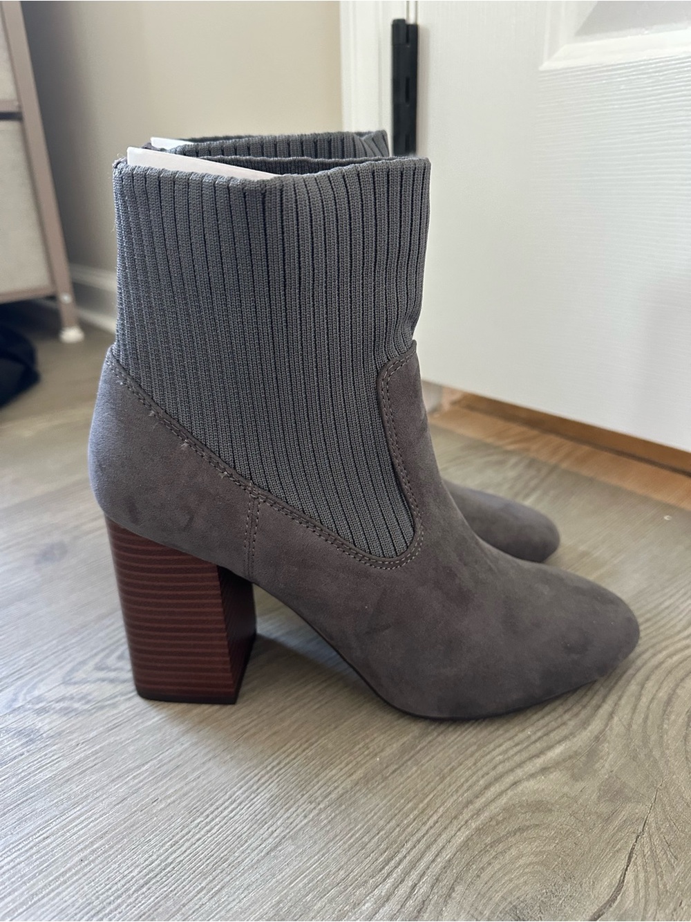 JustFab Women's Grey Sock Ankle Boot with Block Heel- Rainsford Knit Size 10
